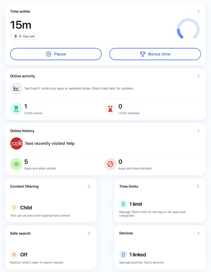 Aura Parental Controls' screen time management feature with settings for online activity, online history, content filtering, time limits, safe search, and devices.