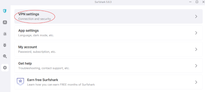 Surfshark settings menu with a circle around VPN settings.