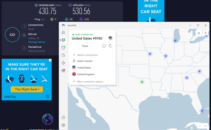 Speed test results for NordVPN while connected to an US server.