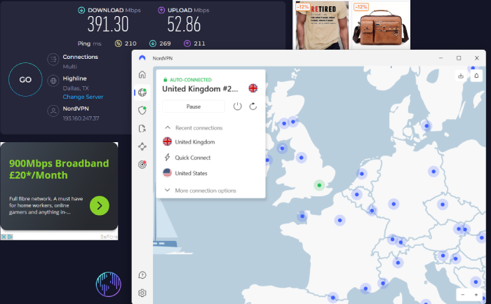 Speed test results for NordVPN while connected to a UK server.