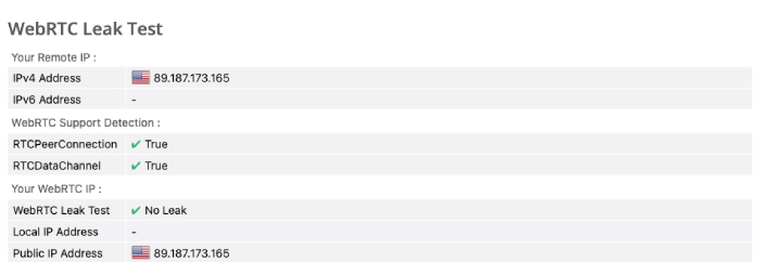 VeePN WebRTC leak test results.