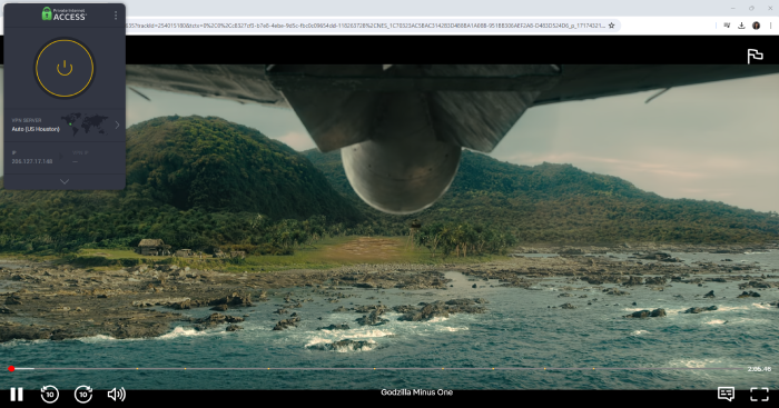 A Netflix stream of Godzilla Minus One while Private Internet Access is connected. 