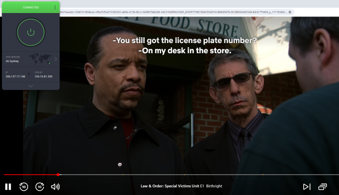 A Netflix stream of Law & Order: SVU while PIA is connected to a server in Australia.