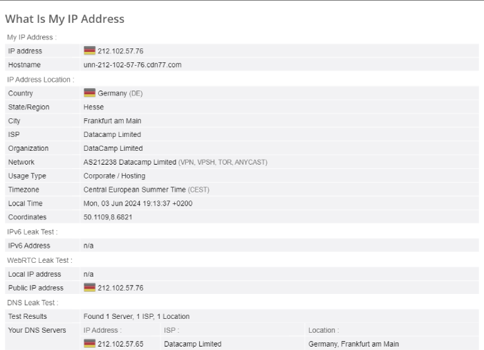 PIA's DNS leak test results. 