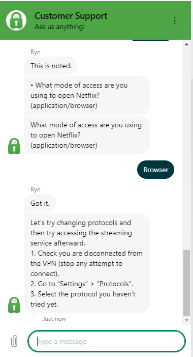 A live chat with PIA customer support. 