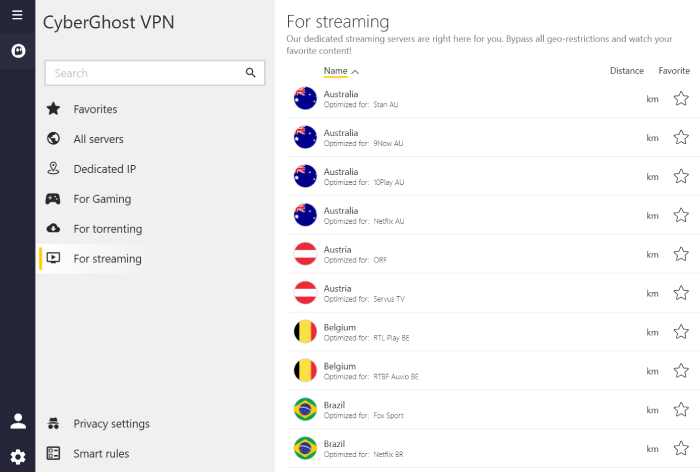 CyberGhost VPN streaming servers