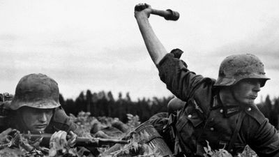 Operation Barbarossa, German troops in Russia, 1941. Nazi German soldiers in action against the Red Army (Soviet Union) at an along the frontlines in the early days of the German invasion of the Soviet Union, 1941. World War II, WWII