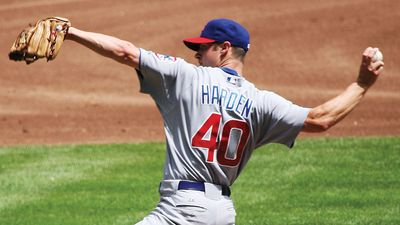 Rich Harden no. 40 of the Chicago Cubs pitches against the Milwaukee Brewers. July 31, 2008 at Miller Park, Milwaukee, Wisconsin. The Cubs defeated the Brewers 11-4. Major League Baseball (MLB).