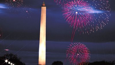 Washington Monument. Washington Monument and fireworks, Washington DC. The Monument was built as an obelisk near the west end of the National Mall to commemorate the first U.S. president, General George Washington.