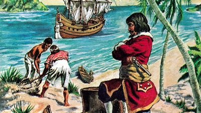 7:045 Gold: Gold Is Where You Find It, pirate with treasure chest full of gold on beach, ship sails away