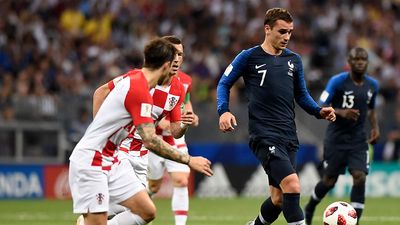 Antoine Griezmamm of France kicks the ball during the FIFA 2018 World Cup in the finals match between France and Croatia at Luzhniki Stadium, Moscow, Russia, July 15, 2018. (soccer, football, sports)