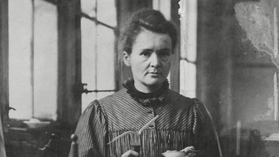 Polish-born French physicist Marie Curie poses in her Paris laboratory; undated photo.