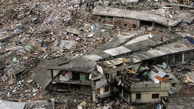 In this aerial photo, structures are damaged and destroyed October 15, 2005 in Balakot, Pakistan. It is estimated that 90% of the city of Balakot was leveled by the earthquake. The death toll in the 7.6 magnitude earthquake that struck northern Pakistan on October 8, 2005 is believed to be 38,000 with at least 1,300 more dead in Indian Kashmir. SEE CONTENT NOTES.