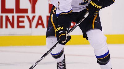 St. Louis Blues defenseman Erik Johnson carries the puck up the ice during a recent game against the Boston Bruins in Boston, Massachusetts; date unknown. (ice hockey)