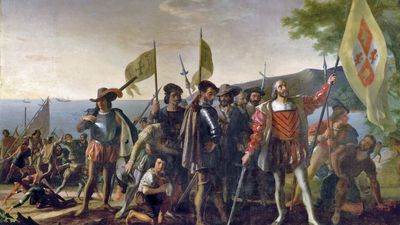 "Landing of Columbus" by John Vanderlyn, oil on canvas; commissioned 1836/1837, placed 1847. In the rotunda of the U.S. Capitol, Washington, D.C. 12' x 18' ft. (3.66 m. x 5.49 m.) Christopher Columbus and members of his crew are shown on a beach