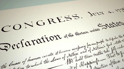 Declaration of Independence. Close-up photograph of the Declaration of Independence. July 4, 1776, Continental Congress, American history, American Revolution