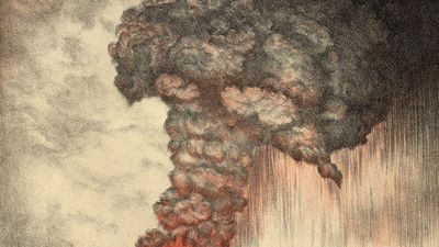 Color lithograph of the eruption of Krakatoa (Krakatau) volcano, Indonesia, 1883; from the Royal Society, The Eruption of Krakatoa and Subsequent Phenomena (1888). (earth sciences, volcanism)