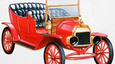 Model T. Ford Motor Company. Car. Illustration of a red Ford Model T car, front view. Henry Ford introduced the Model T in 1908 and automobile assembly line manufacturing in 1913.