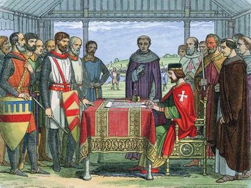 King John (1167-1216) signs the Great Charter (Magna Carta) the charter of English liberties, Runnymede, Surrey, 1215 (1864). The Angevin kings of England, Henry II, Richard I and John arbitrarily abused feudal rights. The nobility forced King John to sign the Magna Carta, guaranteeing their restoration.