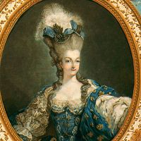 Portrait of Marie Antoinette by Jean-Francois Janinet, 1777. Color etching and engraving with gold leaf printed on two sheets, 30x13.5 in.