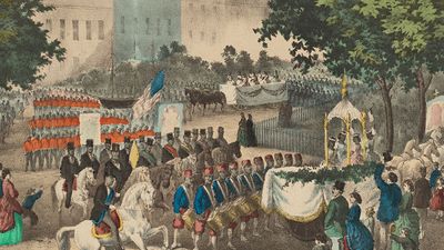 "The Fifteenth Amendment. Celebrated May 19th, 1870" color lithograph created by Thomas Kelly, 1870. (Reconstruction) At center, a depiction of a parade in celebration of the passing of the 15th Amendment. Framing it are portraits and vignettes...