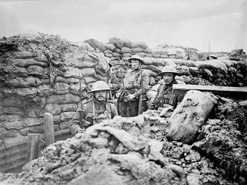 World War I - British troops in a front line trench in France, 1917. Trench warfare. Trenches western front soldiers infantry