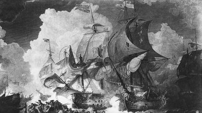 The Royal Navy British Channel Fleet under Admiral Lord Howe engages the French Atlantic Fleet, commanded by Rear-Admiral Villaret-Joyeuse at the battle of the Glorious First of June during the French Revolutionary Wars on June 1, 1794 off the Island...