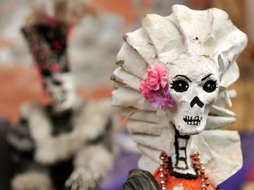 Day of the Dead. skeleton to celebrate Day of the Dead aka Dia de los Muertos holiday in Mexico. La Calavera Catrina. Roman Catholicism moved holiday to coincide with All Saints Day and All Souls Day (November 1 and 2).