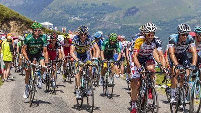 The peloton, including Thomas Voeckler-Europcar, passing the Col de Val Lauron-Azet during the stage 9 of Le Tour de France on July 7,2013. (cycling, extreme sports)