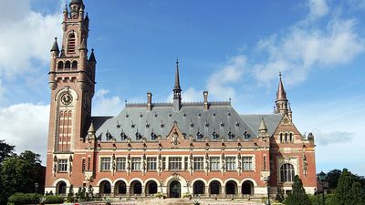 The Peace Palace (Vredespaleis) in The Hague, Netherlands. International Court of Justice (judicial body of the United Nations), the Hague Academy of International Law, Peace Palace Library, Andrew Carnegie help pay for