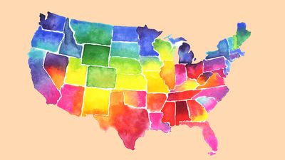 USA, United States watercolor map Illustration in rainbow colors