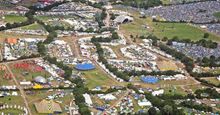 Aerial view as people move around the site at the Glastonbury Festival at Worthy Farm, Pilton on June 26 2008 in Glastonbury, Somerset, England.