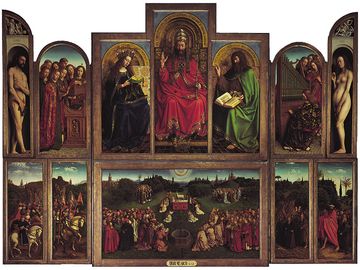 Click on image for enlargements of panel sections. The Ghent Altarpiece (open view) by Jan and Hubert van Eyck, 1432, polyptych with 12 panels, oil on panel; in the Cathedral of Saint-Bavon, Ghent, Belg.