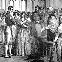 The Wedding of Victoria I, Queen of England and Prince Albert of Saxe-Coburg and Gotha in London, England. Vintage etching circa mid 19th century. The wedding was on February 10th, 1840.