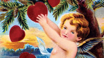 If You'd Only Be My Valentine, American Valentine card, 1910. Cupid gathers a basket of red hearts from a pine tree which, in the language of flowers represents daring. Valentine's Day St. Valentine's Day February 14 love romance history and society heart In Roman mythology Cupid was the son of Venus, goddess of love (Eros and Aphrodite in the Greek Pantheon).