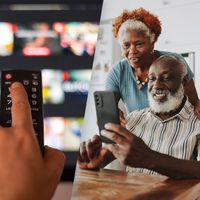 Woman taking a selfie, TV remote, couple using a smartphone.