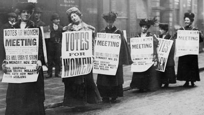 Suffragettes with signs in London, possibly 1912 (based on Monday, Nov. 25). Woman suffrage movement, women's suffrage movement, suffragists, women's rights, feminism.