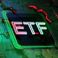 ETF tile on abstract digital matrix background.