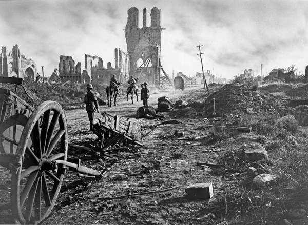 Photograph shows the ruins of the Cloth Hall after the Battle of Ypres during World War I in Ypres, West Flanders, Belgium, September 29, 1918.