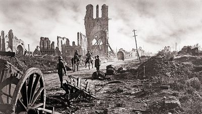 Photograph shows the ruins of the Cloth Hall after the Battle of Ypres during World War I in Ypres, West Flanders, Belgium, September 29, 1918.