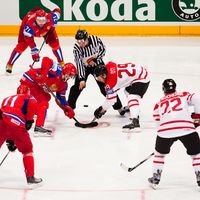 IIHF (International Ice Hockey Federation) World Championship. Quarterfinal game between Russia and Canada. Russian win 5:2. April 20, 2010 in Cologne, Germany