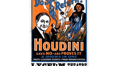 A Harry Houdini poster promotes a theatrical performance to discredit spiritualism.