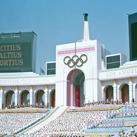 Olympic Torch Tower of the Los Angeles Coliseum on the day of the opening ceremonies of the 1984 Summer Olympics. 28 July 1984