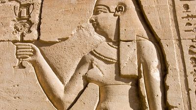 Cleopatra hieroglyphic carving the Ancient Egyptian queen Cleopatra. Wall of the Temple of Horus at Edfu, Egypt.