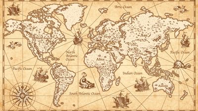 Vintage, old-timey world map for Former Names of Current Places Quiz.