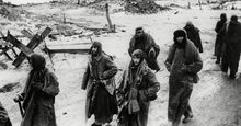 Photo shows captured German soldiers, their uniforms tattered from the battle, making their way in the bitter cold through the ruins of Stalingrad, January 1943. World War II Battle of Stalingrad Russia