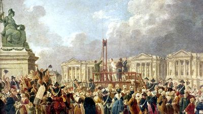 Capital Execution at the Place de la Revolution between August 1793 and June 1794, oil on canvas by Pierre Antoine De Machy (Demachy), Musee Carnavalet, Paris, France. 37 x 53.5 cm. (Reign of Terror, hanging, guillotine execution, French Revolution)