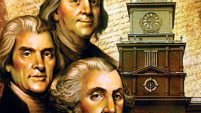 Illustration. Montage of Independence Hall, Philadelphia, Pennsylvania, Constitution of the United States and headshots of Ben Franklin, Thomas Jefferson and George Washington.