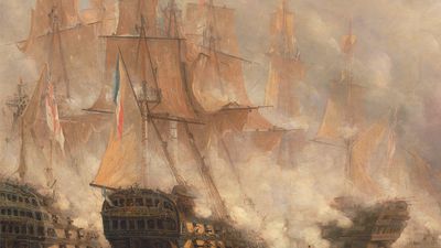 The Battle of Trafalgar -oil on canvas by John Christian Schetky, ca. 1841; in the Yale Center for British Art, New Haven, Connecticut. Ships Man-of-War ship of the line warship