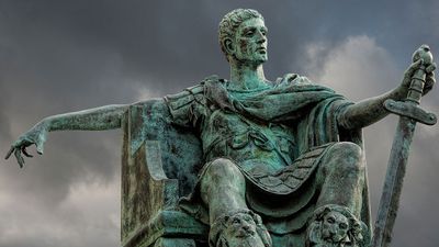 The statue of Constantine the first Christian Roman emperor. Located in York, England, UK, outside York Minster.